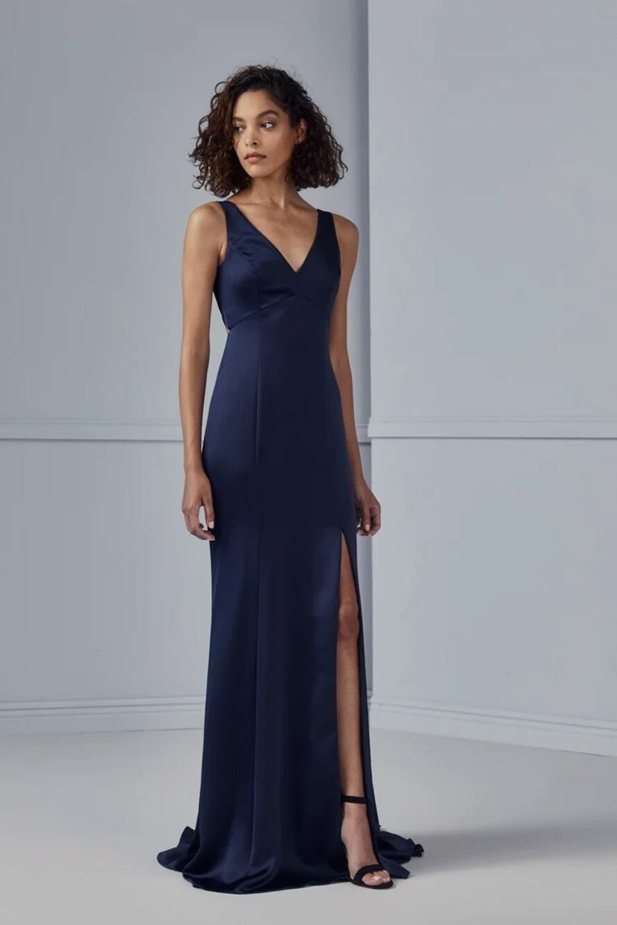 NWT Amsale Tiana Satin Backless Gown Navy Blue 12